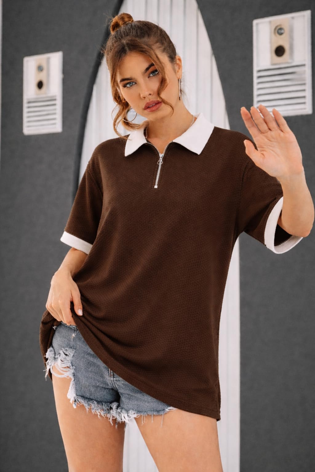 Women's Oversized Polo Collar T-Shirt, Contrast Trim, Half Zip Front, Short Sleeve Tshirt for Women-image-20