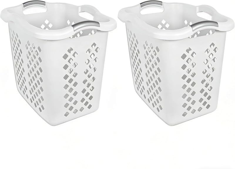 2-bushel capacity laundry baskets with silver handles, white, 2-pack
