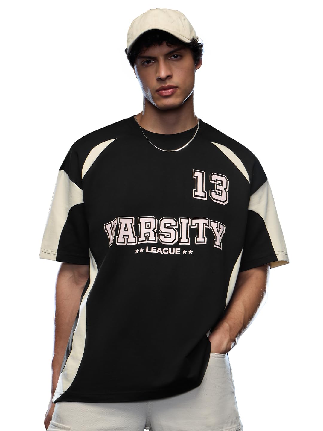the souled store Colourblock T-Shirt: Varsity League Men and Boys Short Sleeves Round Neck Black Graphic Printed Cotton Oversized T-Shirts-picture-39