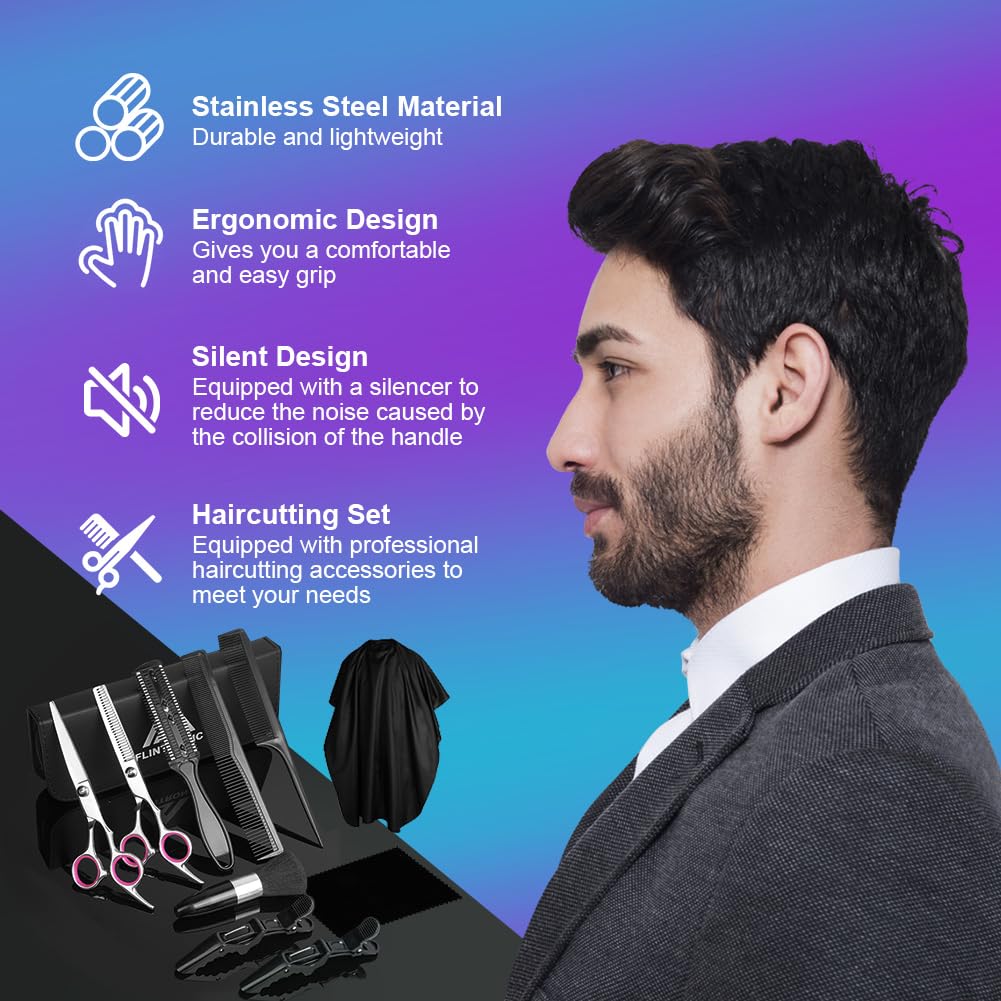 Flintronic 12PCS Set da Forbici Parrucchiere Professionali, Forbici Capelli en Acciaio Inossidabile, Set Taglio Capelli per Barbiere Salone e Domestico, per Uomini, Donne e Bambini