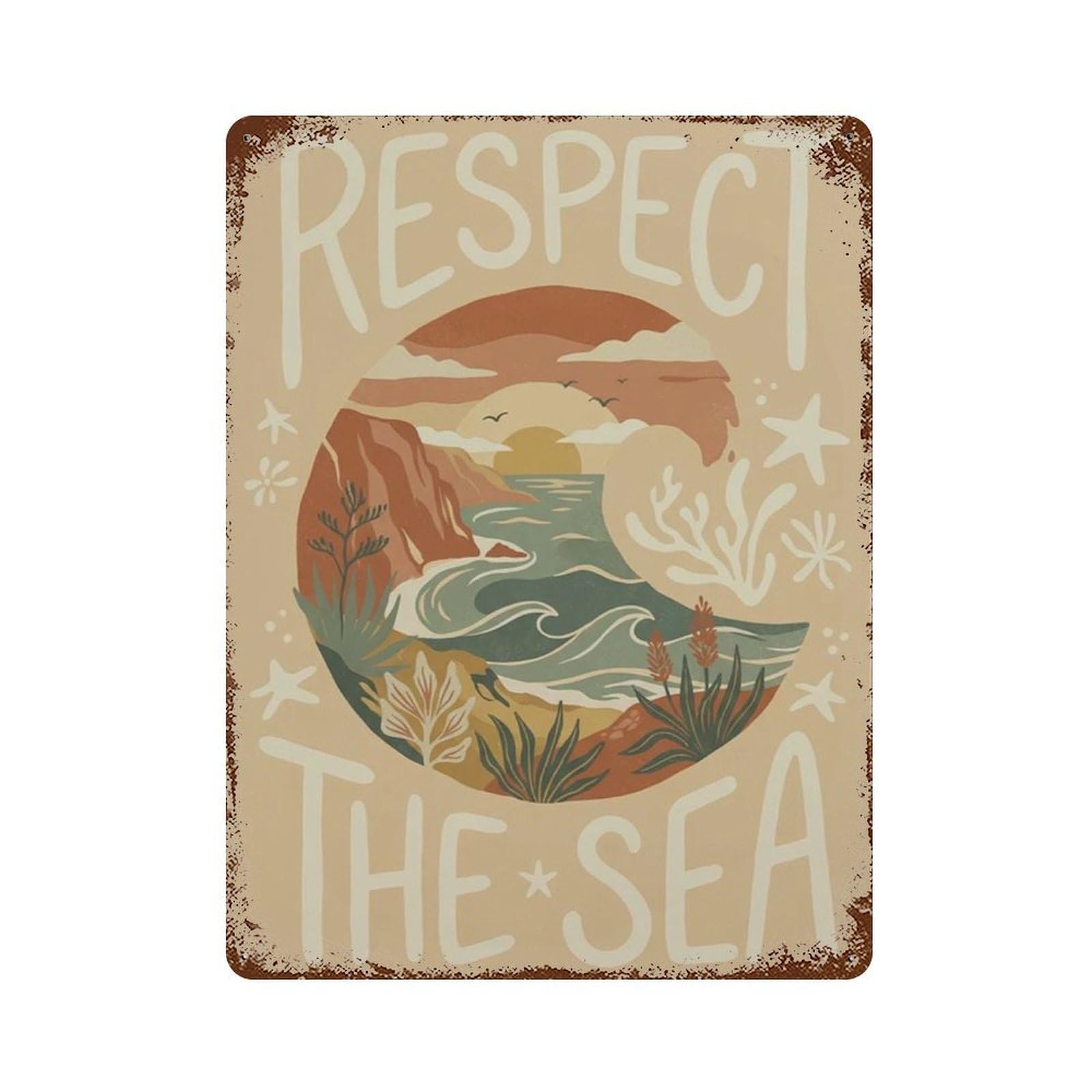 xiaoxiaoshen Respect The Sea Coastal Landscape Nautical Beach Wall Decor Art Metal Tin Poster Modern Home Decor Art Home Bar Shop Decorations Vintage Sign 40x30cm