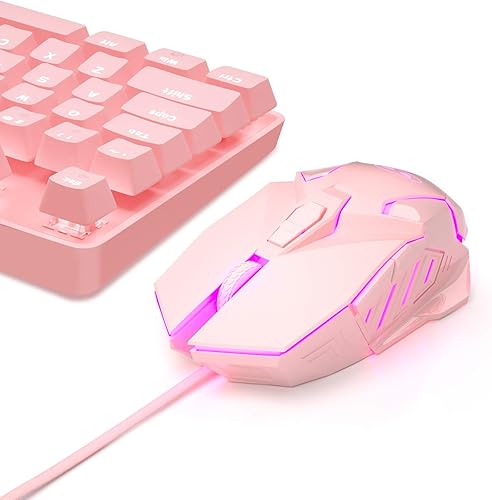 Miniatura 7 de Combo de teclado mecánico rosa para juegos y mouse con interruptor azul, 104 teclas, teclados retroiluminados blancos, mouse de 7 botones con cable