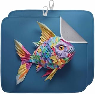 Fish Scales Paper Dish Drying Mat 16x18 inch Eyes Tail Mouth Fins Overlay Super Absorbent Microfiber Dish Drying Pad for Kitchen Countertops Sink Dish Drainer Racks Coffee Bar Mats 2 Pack
