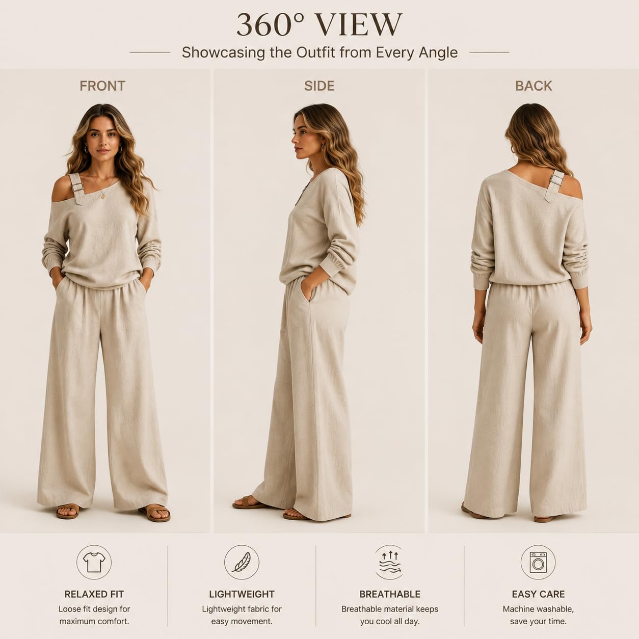 Conjunto De Dos Piezas Para Mujer Con Hombros Descubiertos: Top De Manga Larga Con Un Solo Hombro Y Pantalón De Pierna Ancha. Conjunto Elegante Y Relajado, Ideal Para Viajes, Vacaciones Y Uso Diari