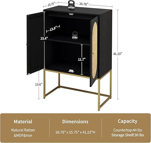 Miniatura 2 de mixtavie Armario alto de ratán natural de 2 puertas, aparador de buffet con 1 estantes ajustables, armario de madera independiente para sala de
