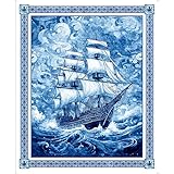 Ocean Blues Ship Panel On Rough Ocean Cotton Fabric QT 30854