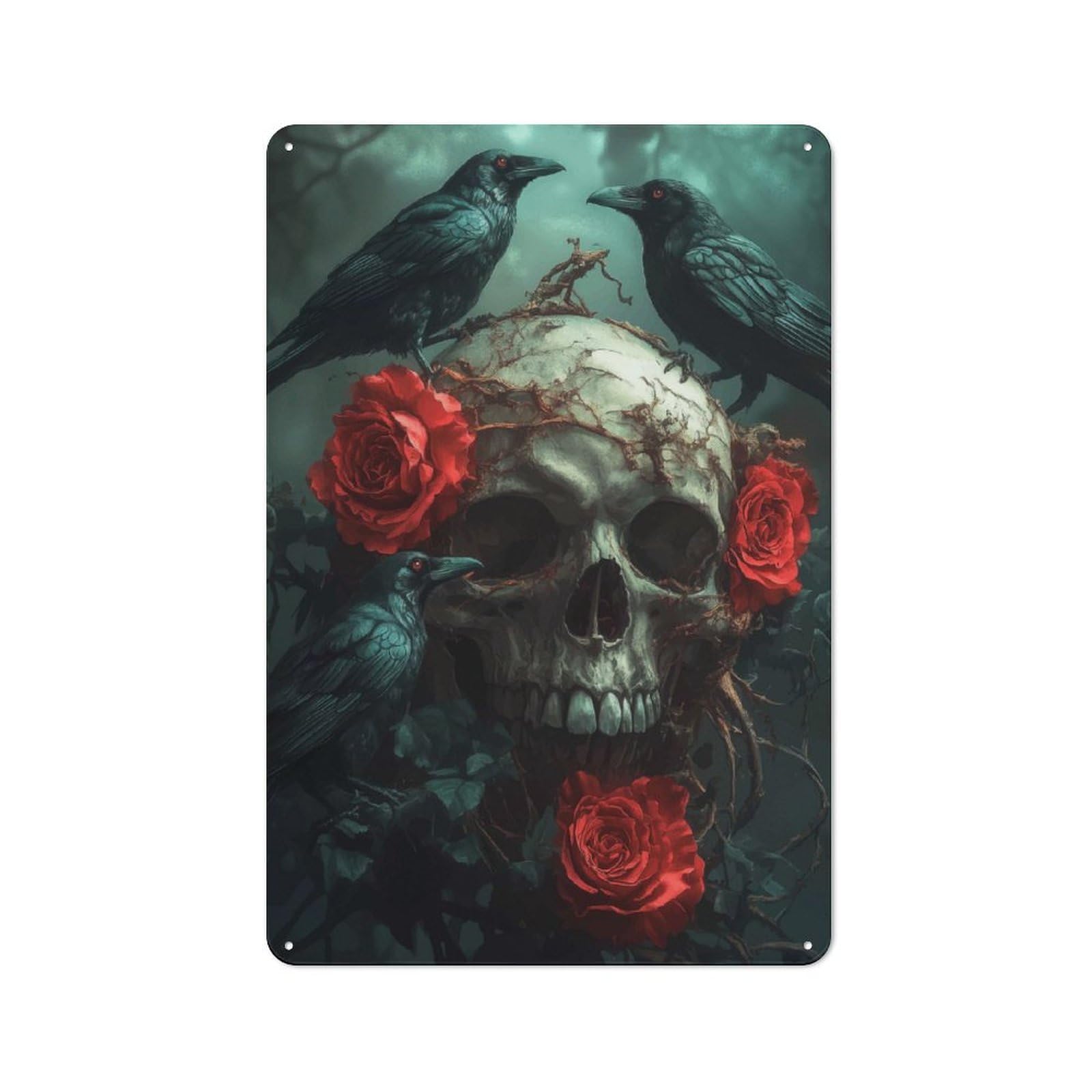 Junmoney Skull With Crows And Roses Warehouse Style Metal Wall Decor 30X20cm, Tin Wall Sign For Modern Home, Workshop, Office Or Cafe