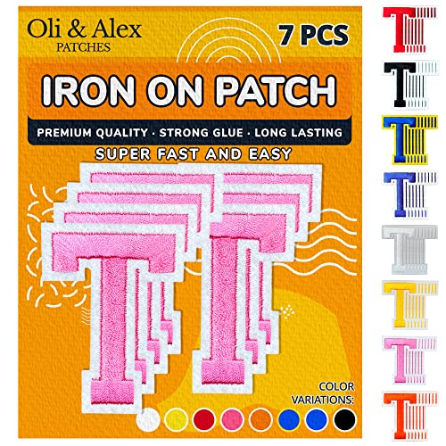 Oli and Alex Iron On Letters 2.4 inch - 7 pcs of T Pink Patches Letters for Clothing - Super Glue - No sew Needed - Embroidery Football Team School University - Pink, T