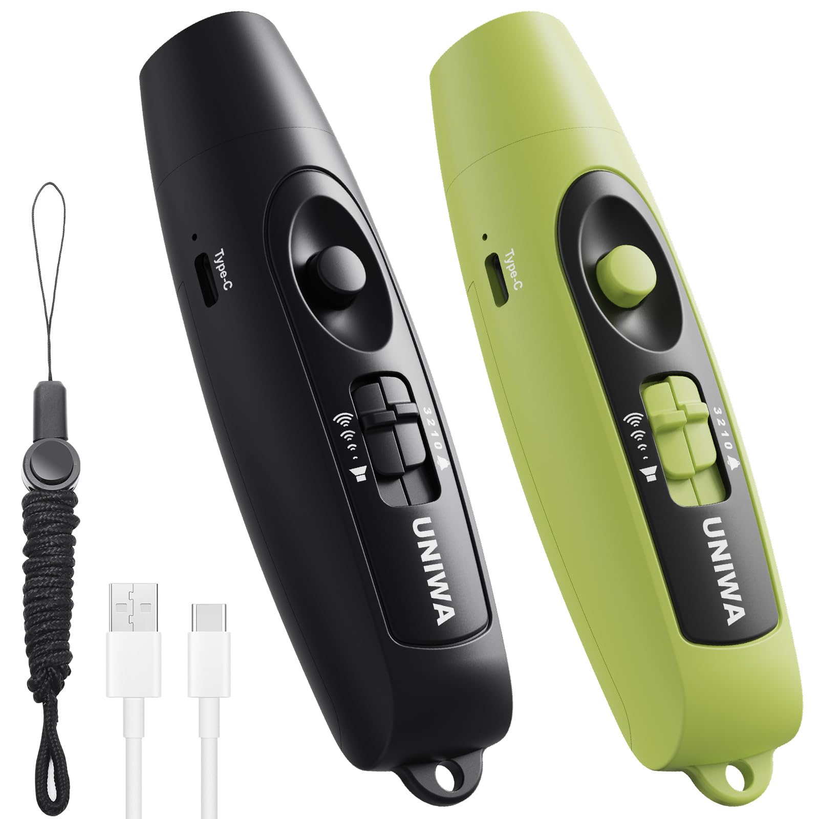UNIWA Fischietto elettronico ricaricabile, confezione da 2 con 3 toni forti e volume regolabile. La batteria a lunga durata è ideale per sport all'aria aperta, coaching e sicurezza di emergenza