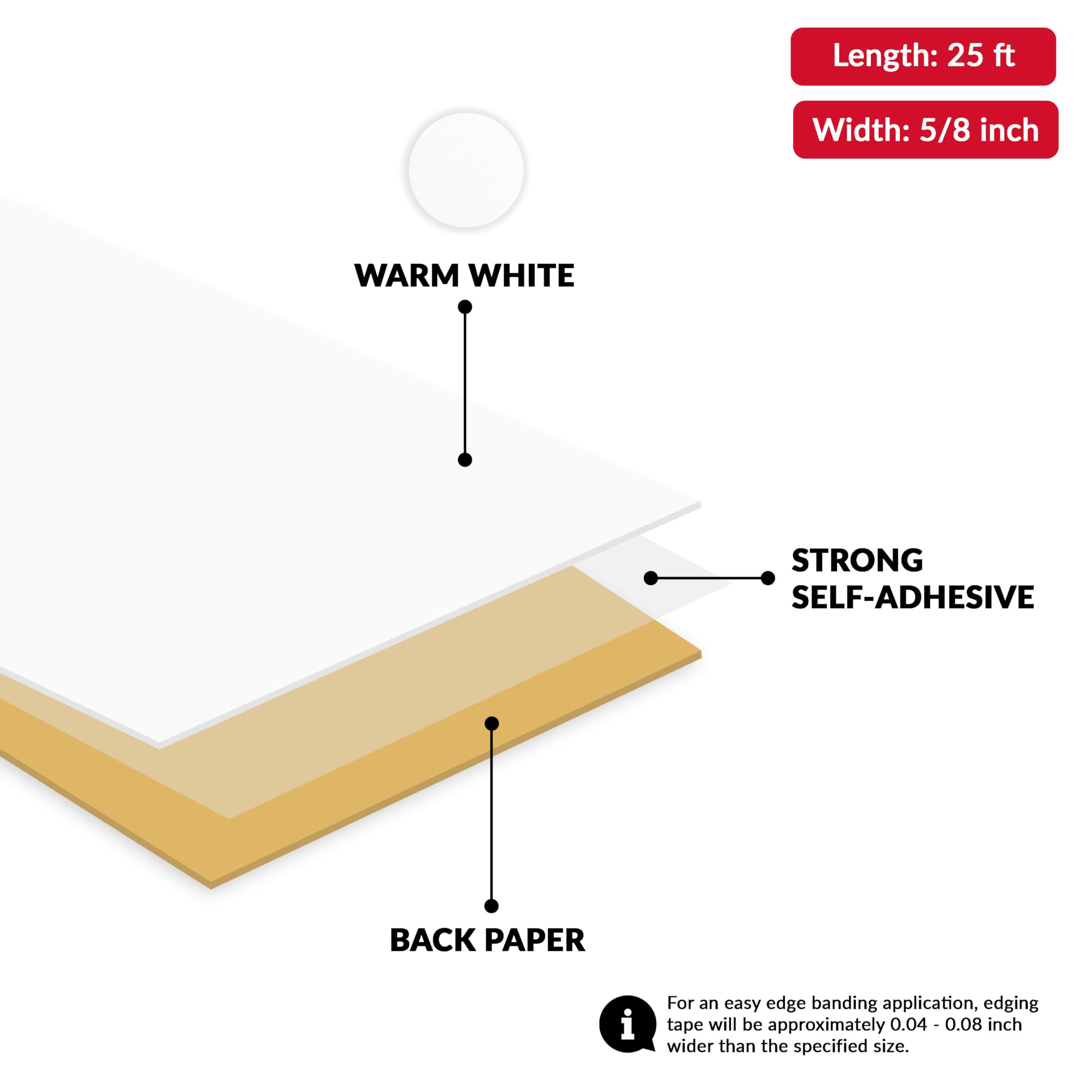 UNMAR Cinta de borde de PVC blanco de 5/8 pulgadas x 25 pies, adhesivo fuerte para despegar y pegar, fácil aplicación, flexible y duradera de PVC blanco para la restauración de muebles