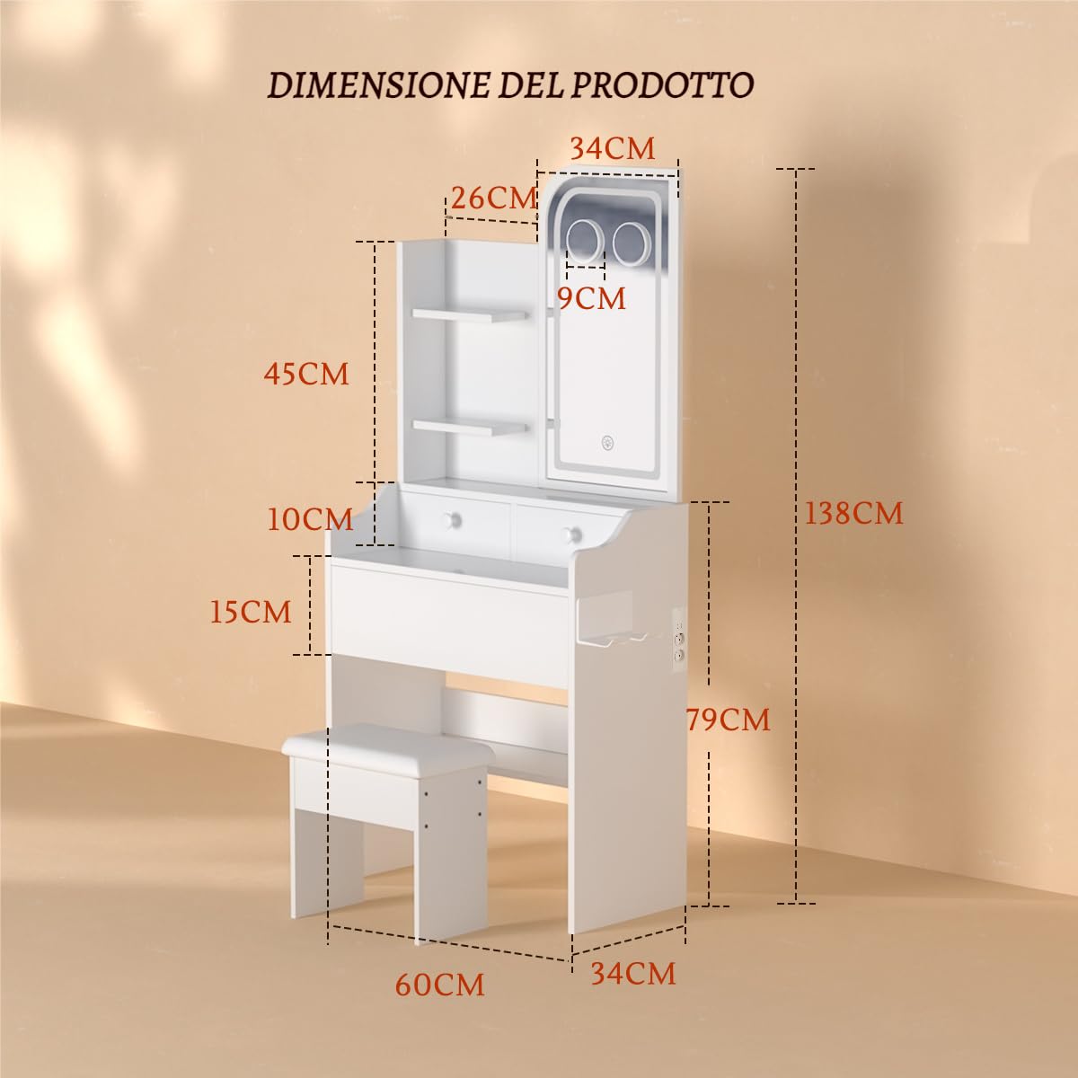 Toletta da Trucco con Specchio Toeletta con Illuminazione a LED 3 Cassetti e 3 Ripiani Specchio con Ingranditore 2x e 5x e Presa di Corrente Incorporata Toeletta per Camera da Letto Bianco