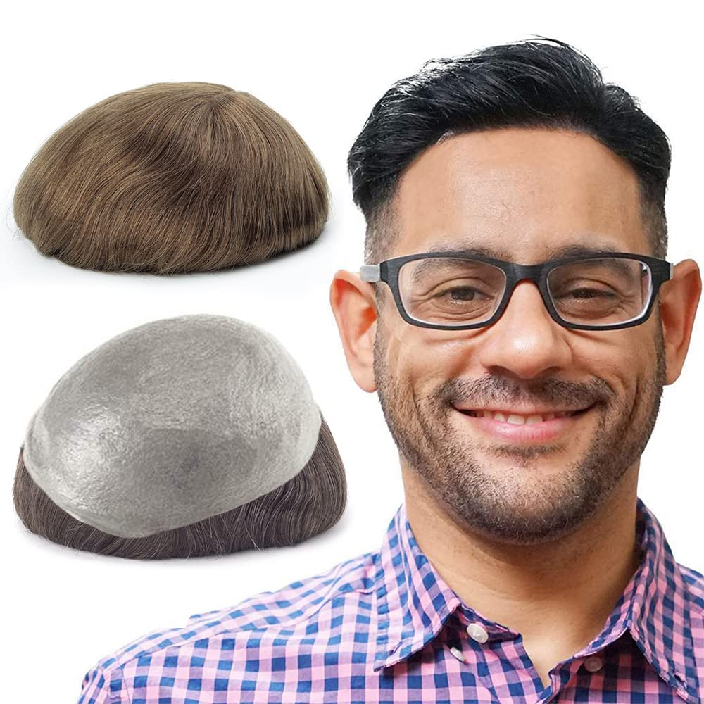 Lordhair Hair System for Men with Human Hair 8x10 inch Hairpiece for Men 0.06mm Super Thin Skin Mens Hair system All V-looped Mens Toupee Medium Light