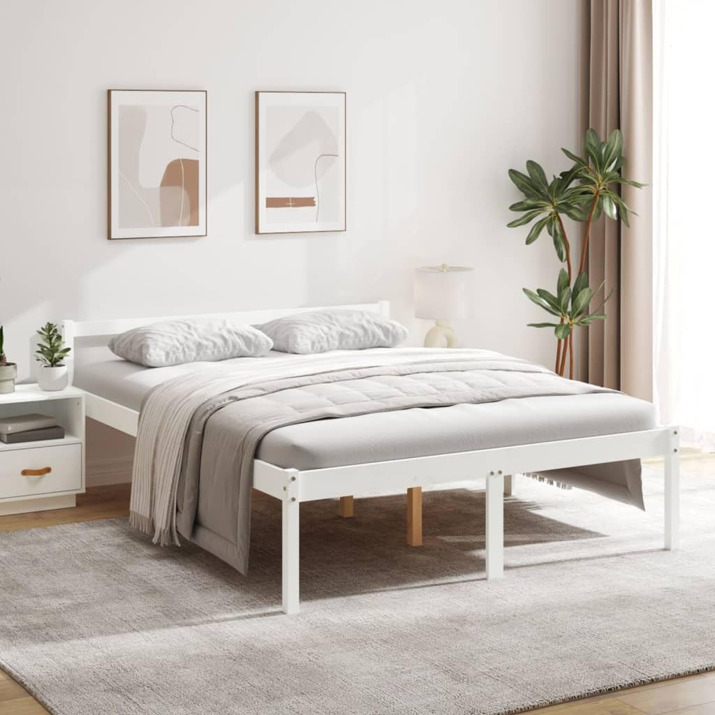 Seniorenbett Weiß 150x200 cm Massivholz Kiefer mit Lattenrost, Kopfteil und Stauraum, Robustes Bettgestell, seniorengerecht, komfortabel für Schlafzimmer