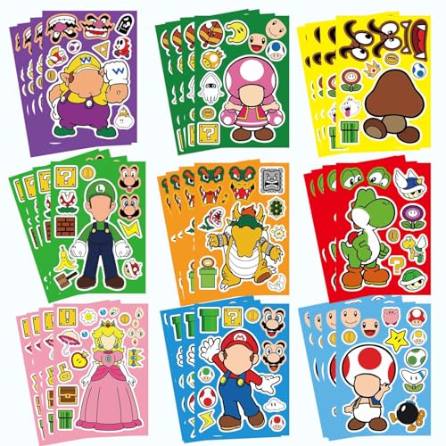 36 Sheets Mario Make a Face Stickers, Cartoon Book Crafts, DIY Party Supplies Favors Your Own Mixed...