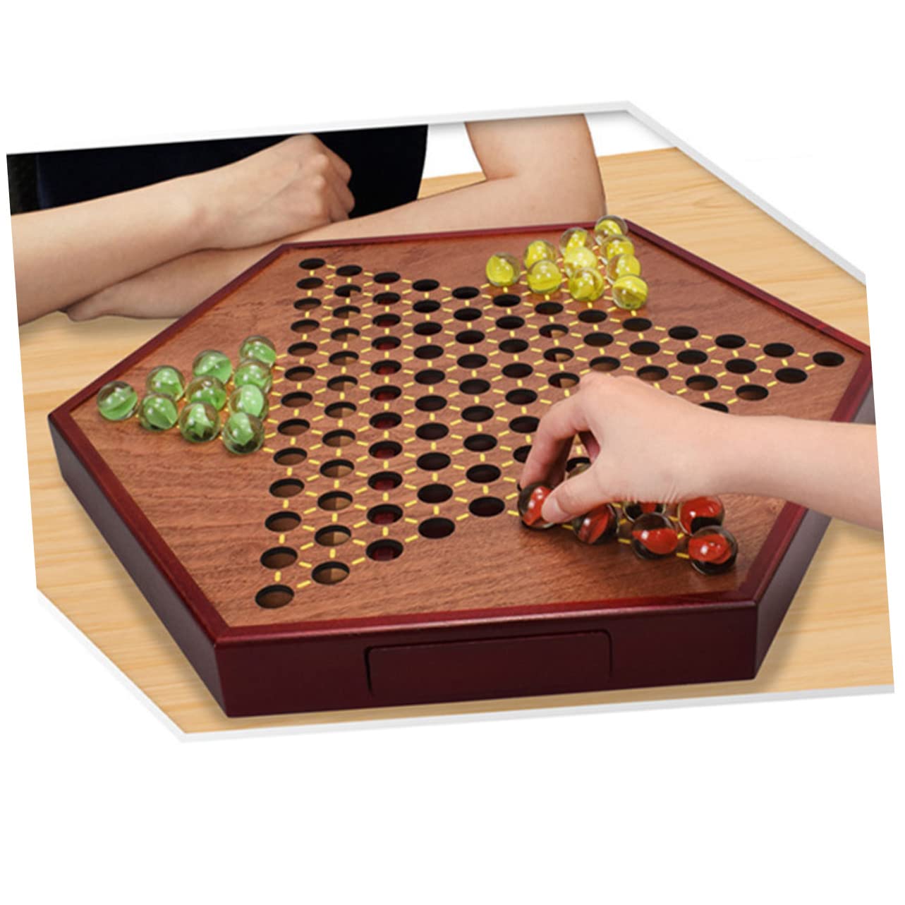 Damas Chinas de Madera Marrón con Cajón y Canicas de Vidrio | Juego de Mesa Hexagonal, 1 Set, Estrategia para Varios Jugadores, Entretenimiento Familiar