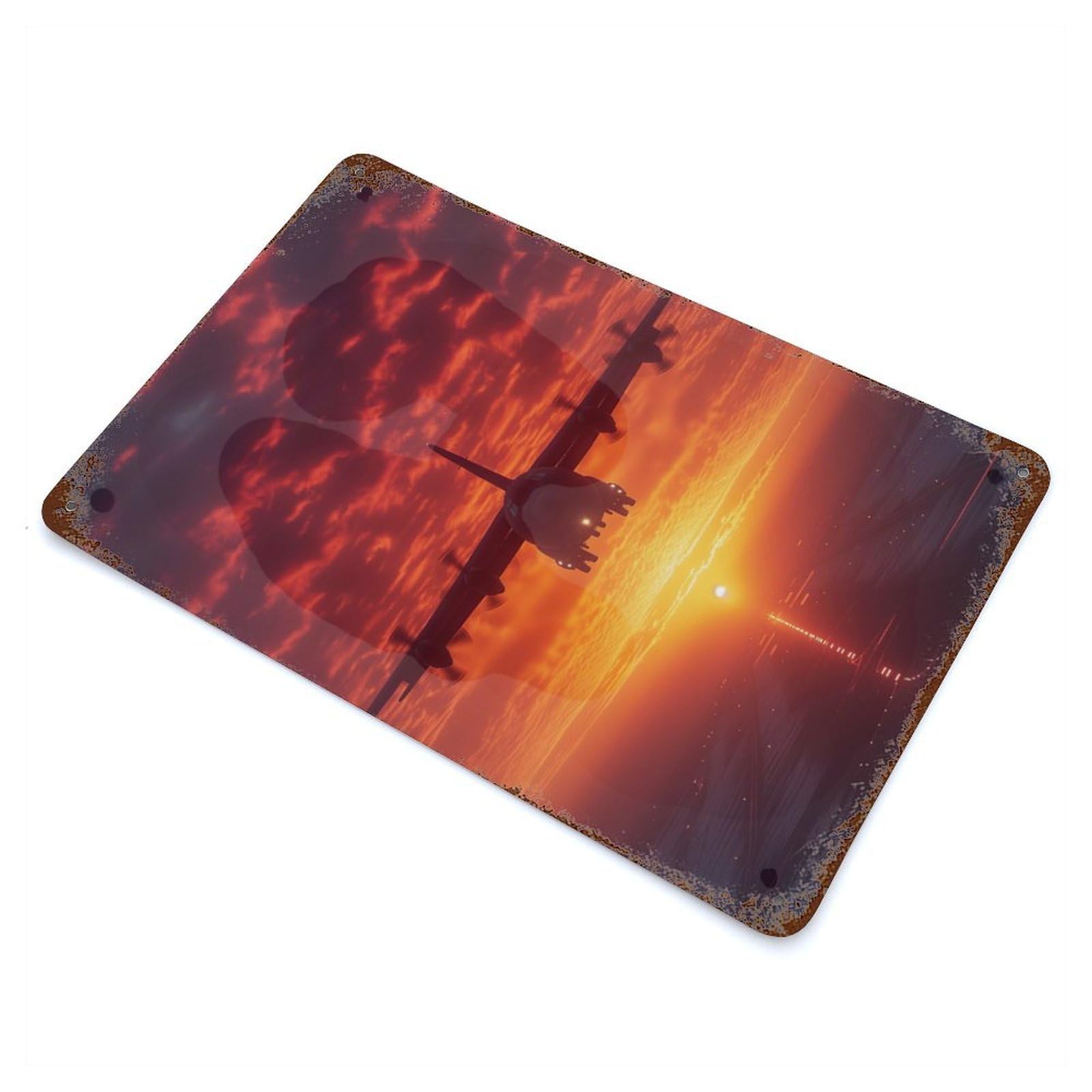 Garage Style Airplane at Sky Background Rustic Tin Plaque 11.8"x7.9", Industrial Home Decor for Bar And Workshop