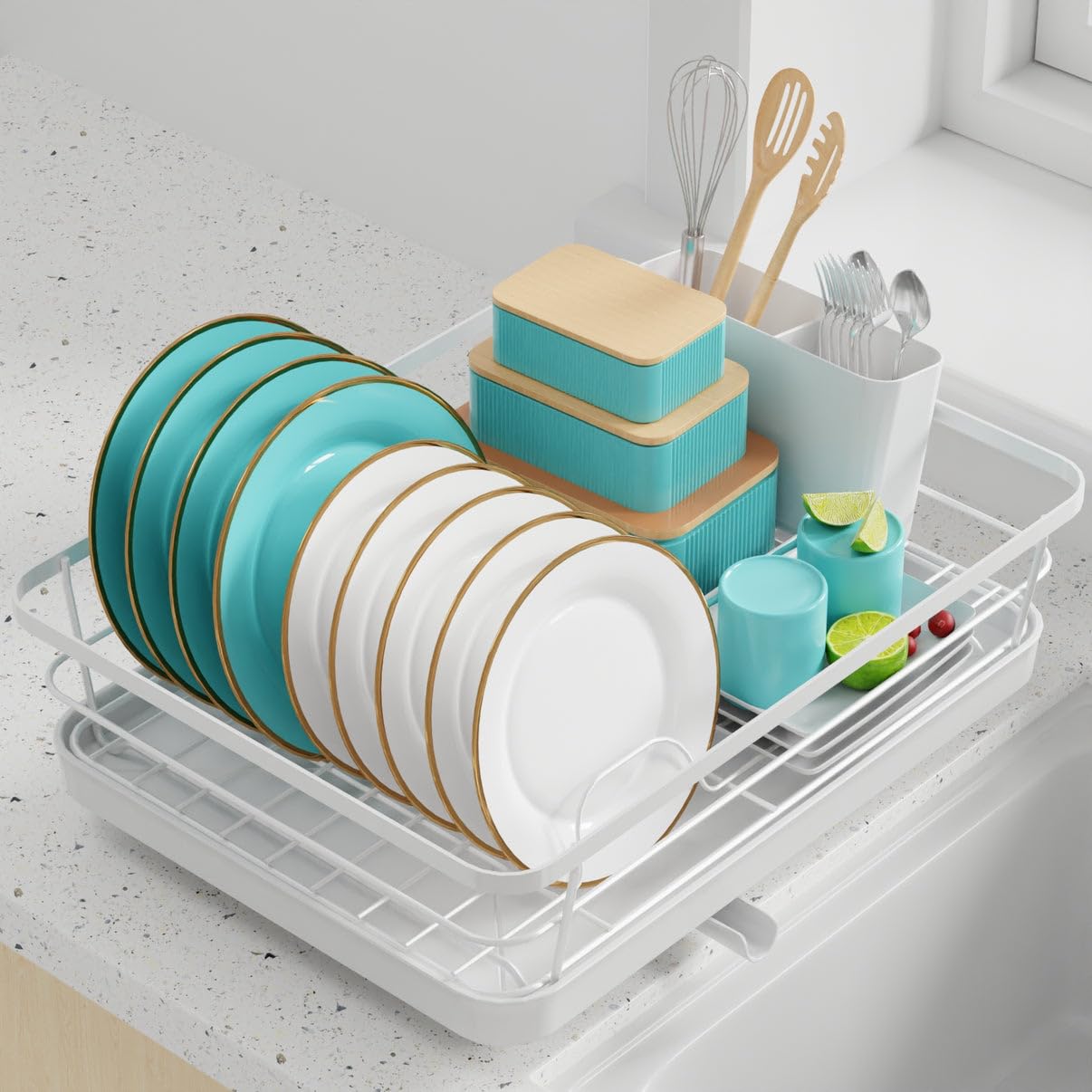 Sakugi Dish Drying Rack - Stainless Steel Dish Rack with Drainboard for Kitchen Counter and Sink, 12.0''W x 15.6''L, White