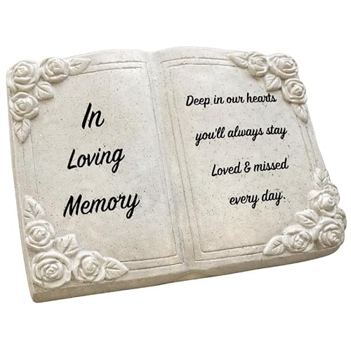 Quickdraw Supplies One Size In Loving Memory Grave Ornament Bible Book Memorial Plaque – Headstone Decoration With Rose Detail, 15Cm Stone Effect Graveside Cemetery Remembrance Tribute