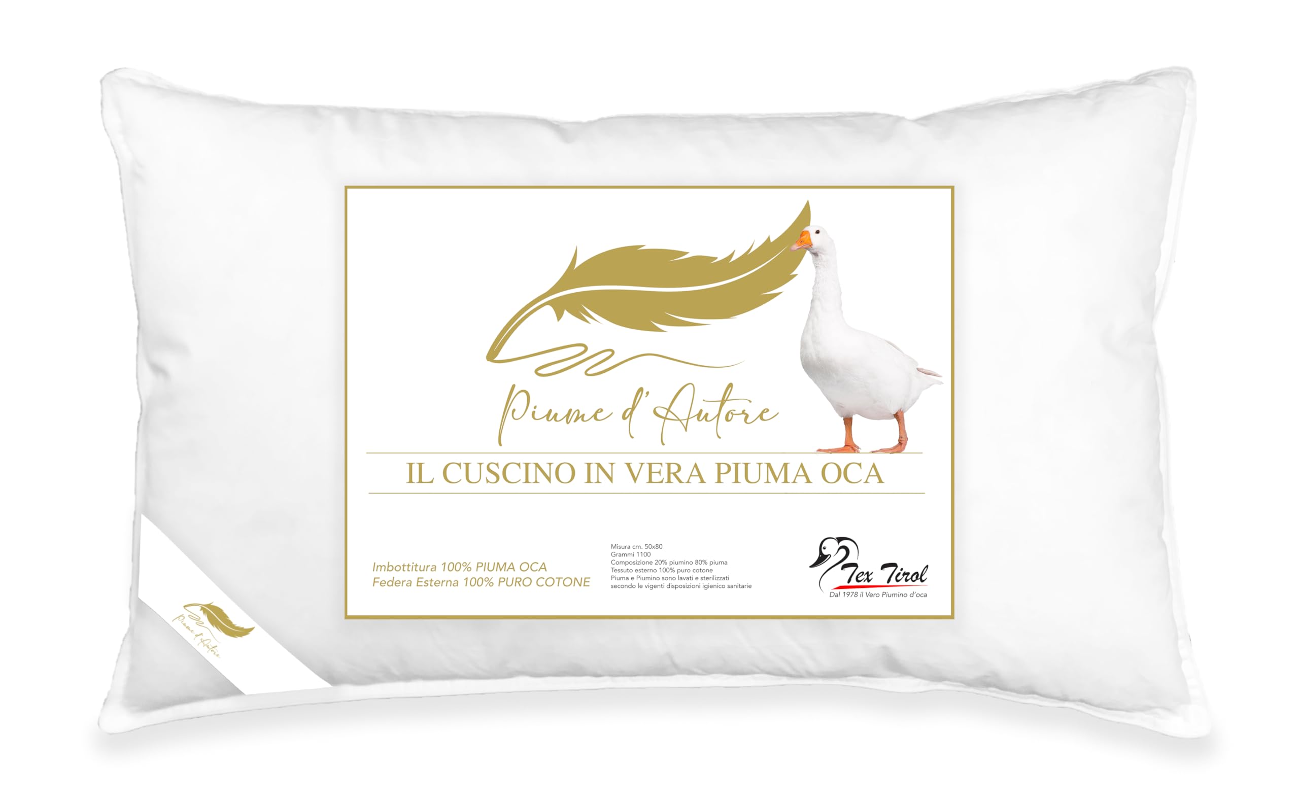 Cuscino In Vera Piuma D'oca Anapurna Tex Tirol, Misura Standard, Nuovo Con Etichette