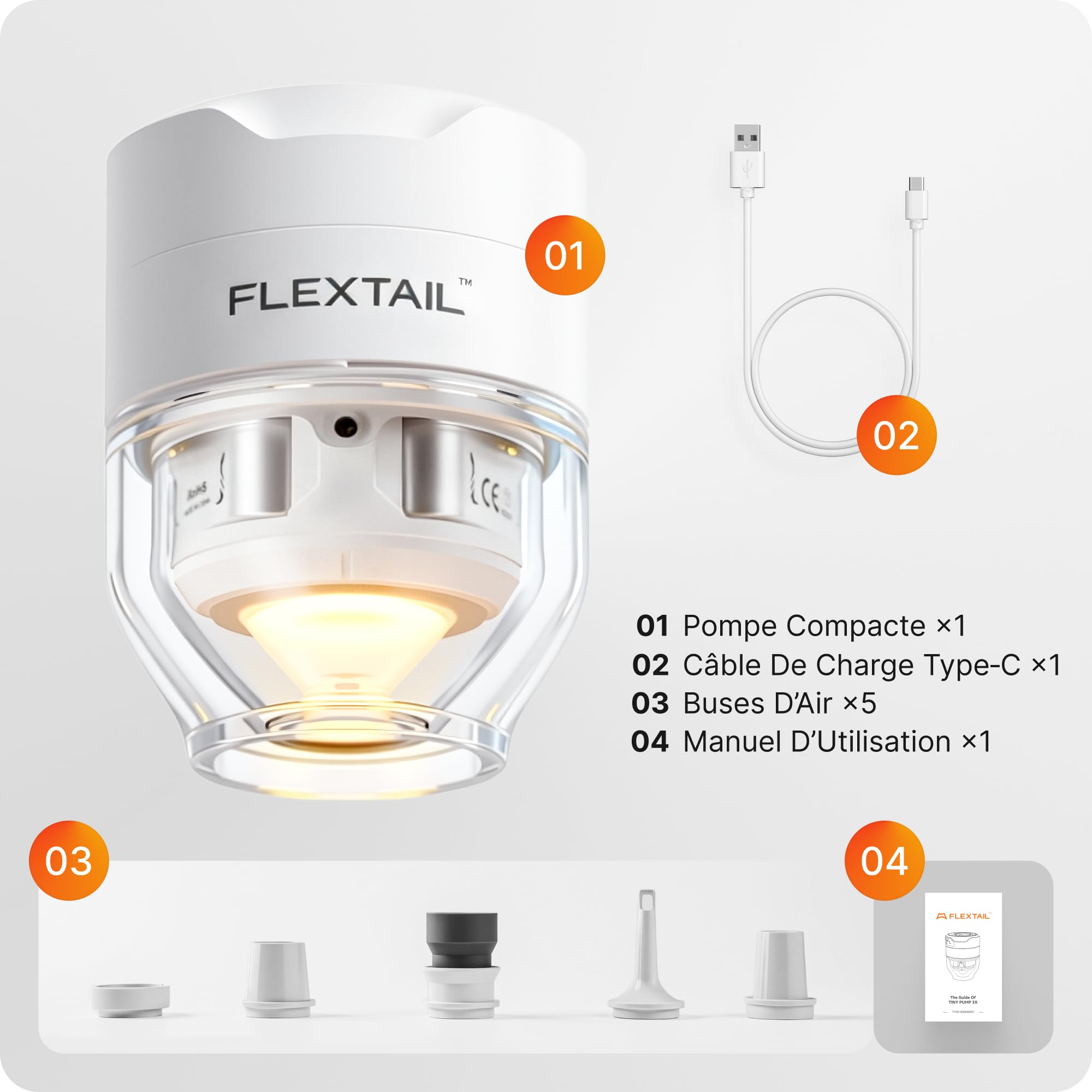 FLEXTAILGEAR Mini Pompe à Air Électrique Portable 3-en-1 : Gonfleur sans Fil avec Lanterne LED 5 Modes, Pompe à Vide pour Sac de Rangement, Matelas de Camping et Bouée - Légère et Silencieuse