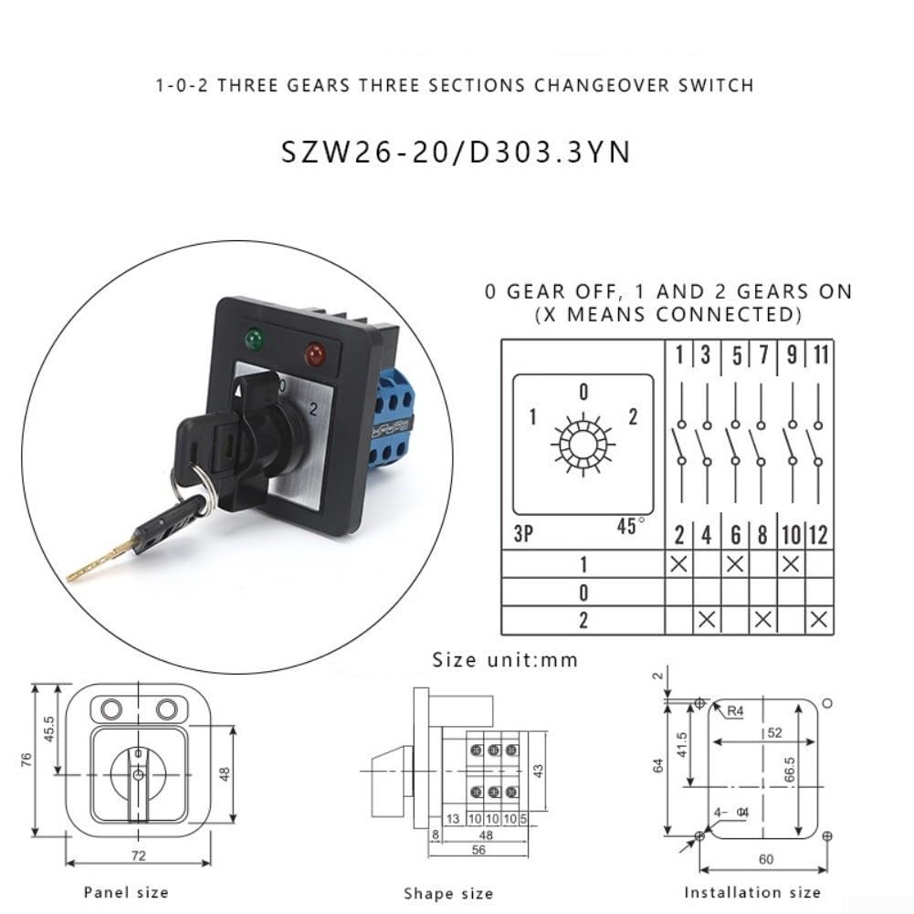 Interrupteur rotatif 20 A avec 3 positions et 3 sections, interrupteur à came avec voyant lumineux et verrouillage, 440 V/660 V AC-15 DC-13 pour armoire électrique et industrie et installations