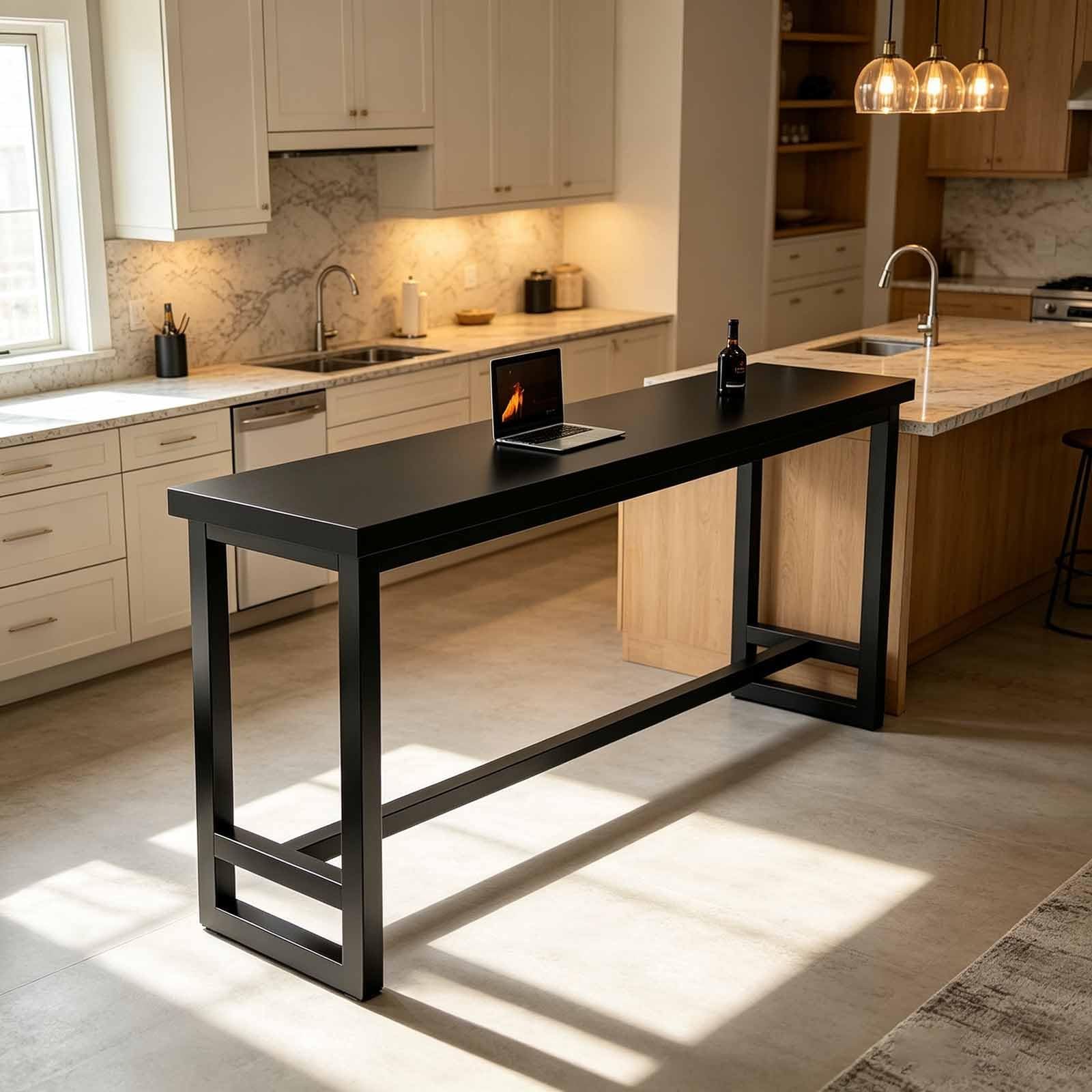 Mesa alta de cocina estilo industrial rectangular negra y marrón para bar y comedor