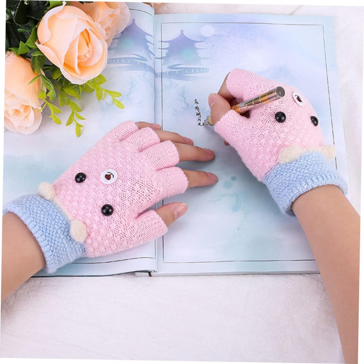 4 Pairs Fingerless Knitted Gloves Embroidered Warm Half Finger Gloves for Winter Cold Weather Accessories Random Color