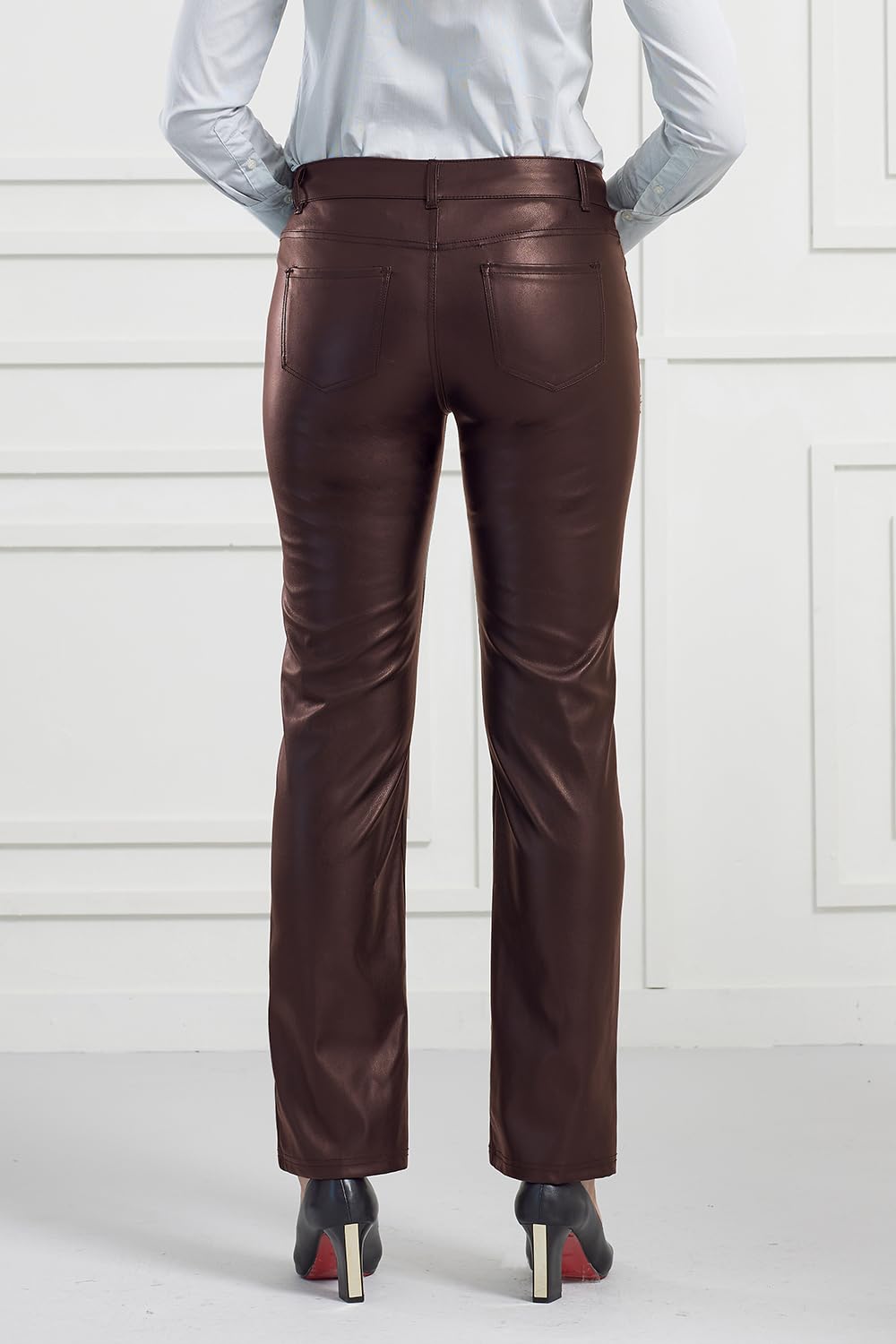 Balleay Art Faux Leather Pants for Women, Straight Leg Mid Waist Butt Lift Elastic Black Pants with 5 Pockets