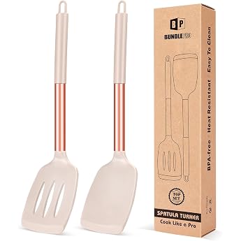 Silicone Spatula with Non-Stick Slots Heat Resistant BPA Free Ideal Cookware for Fish Eggs Pancakes Set of 2 Rose Gold Khaki