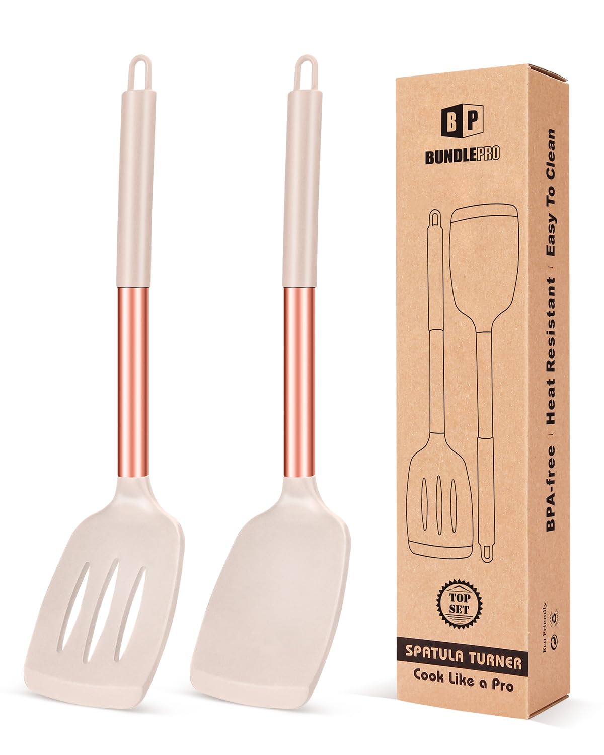 Pack of 2 Silicone Solid Turner,Non Stick Slotted Kitchen Spatulas,High Heat Resistant BPA Free Cooking Utensils,Ideal Cookware for Fish,Eggs,Pancakes (Rose Gold Khaki)