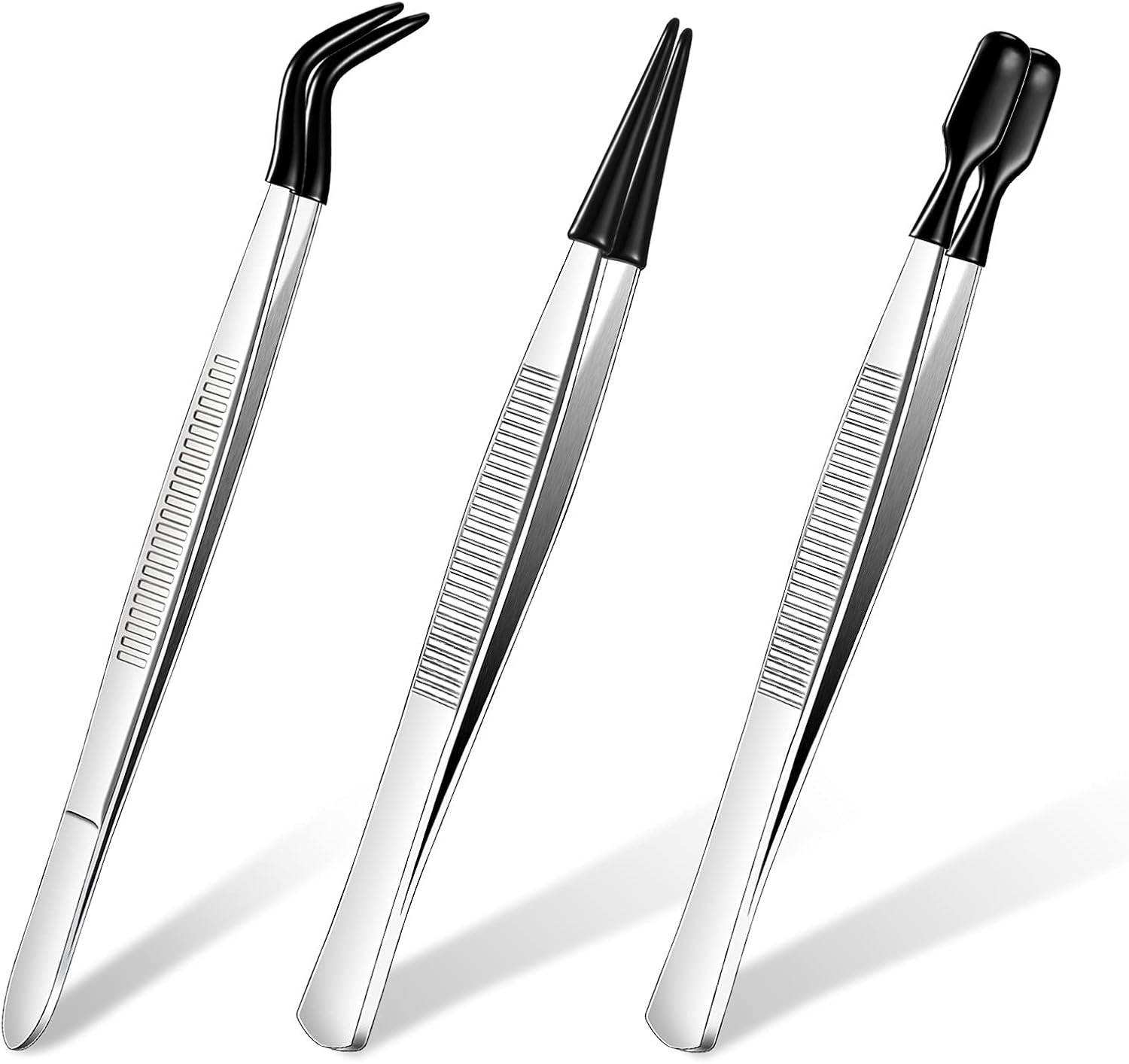 3 Pieces Tweezers with Rubber Tips Tweezers PVC Coated Tweezers Set, Rubber Straight Tip Tweezers Rubber Flat Tip Tweezer Long Bent Tweezers for Crafts Stamps Beads Jewelry Tools (Black)