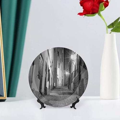 Miniatura 6 de LIGUTARS Platos de cerámica, platos decorativos de cerámica en blanco y negro, callejón europeo oscuro por la noche, calle vacía, 6 pulgadas, para
