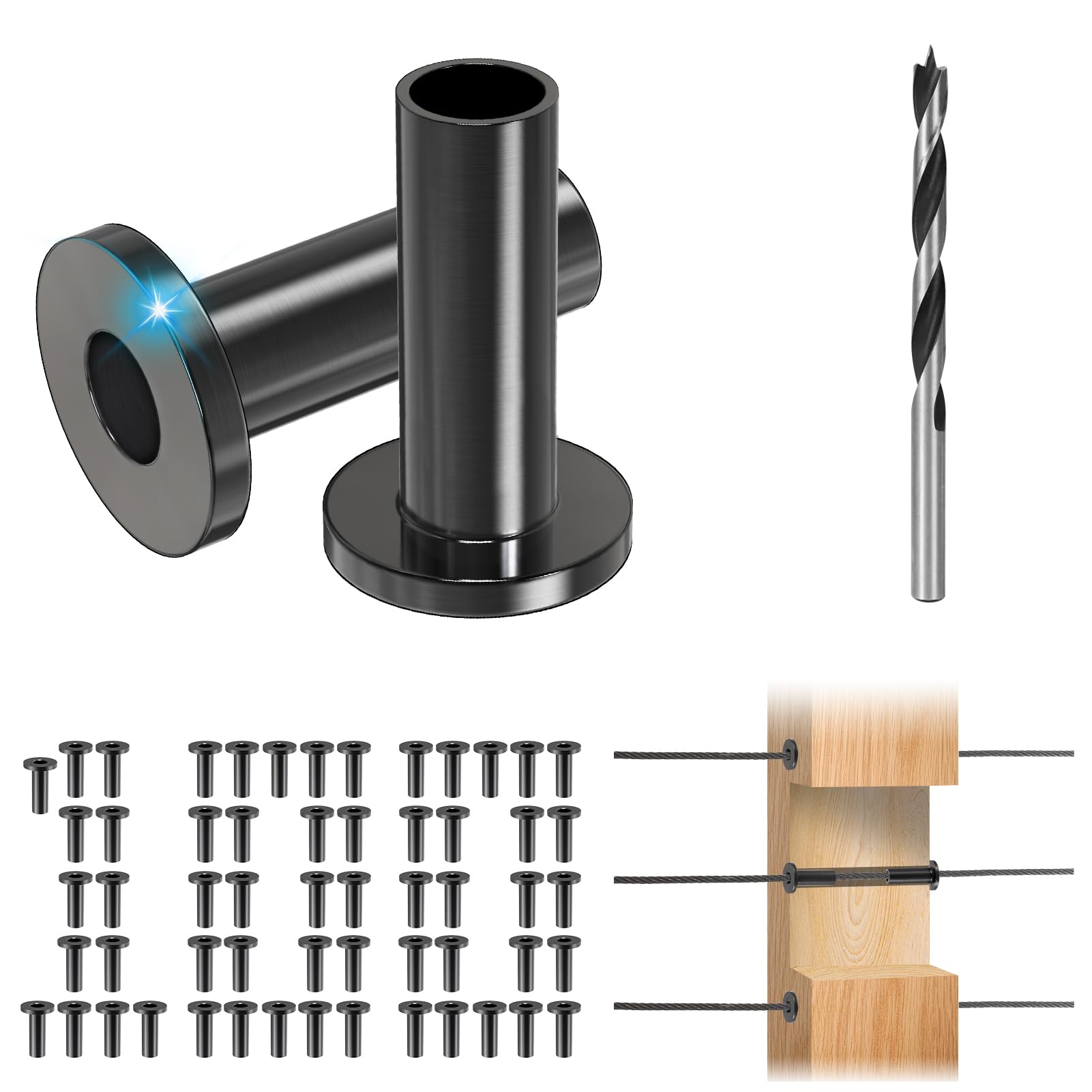 Steel DN Mate Paquete de 100 fundas protectoras de acero inoxidable negro para cables de cuerda de alambre de 1/8 pulgadas, 5/32 pulgadas, 3/16 pulgadas, kit de barandilla de cable de cubierta de