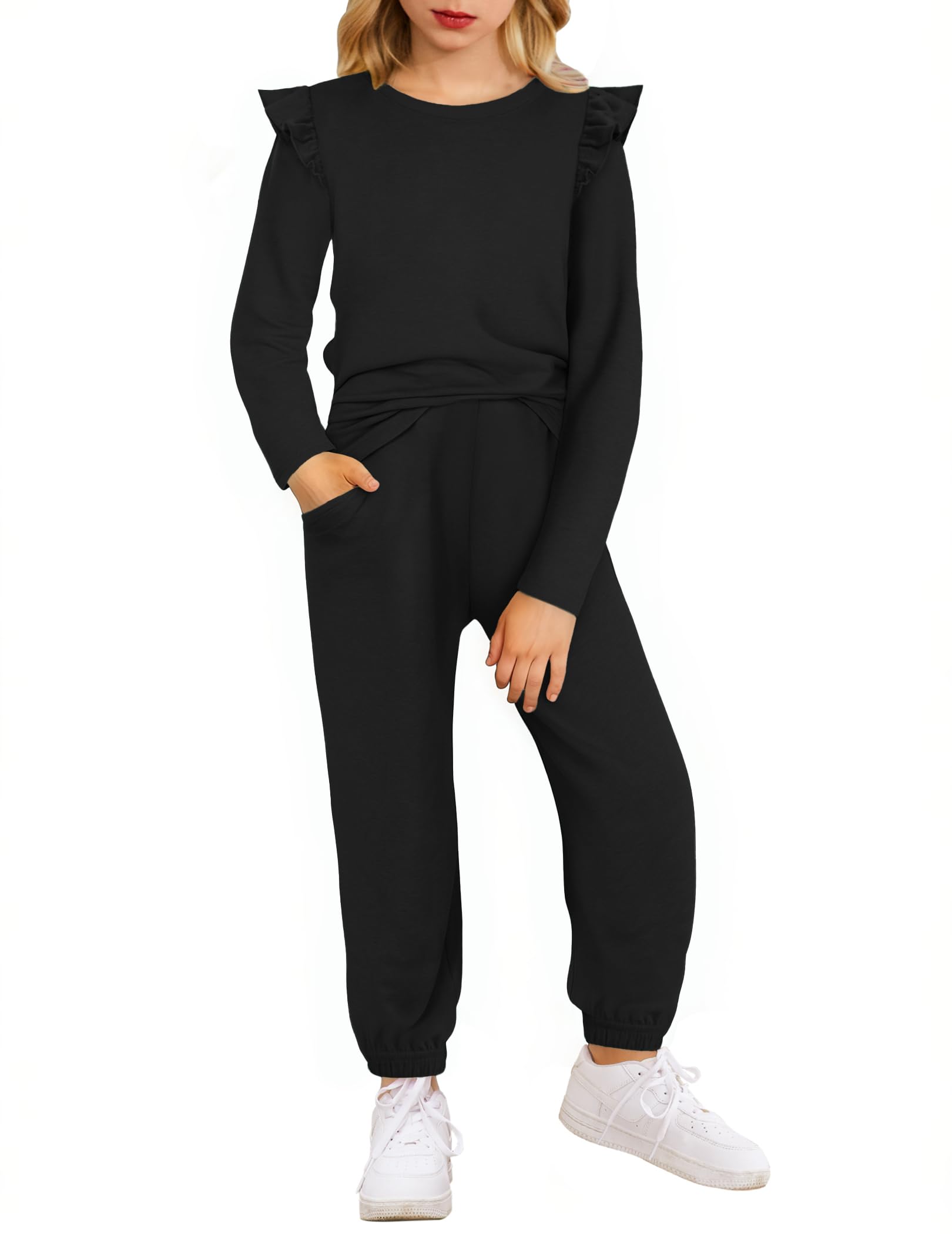 Arshiner Girls' Stylish Ruffled Long Sleeve Top & Pocket Pants Set (6-14Y)