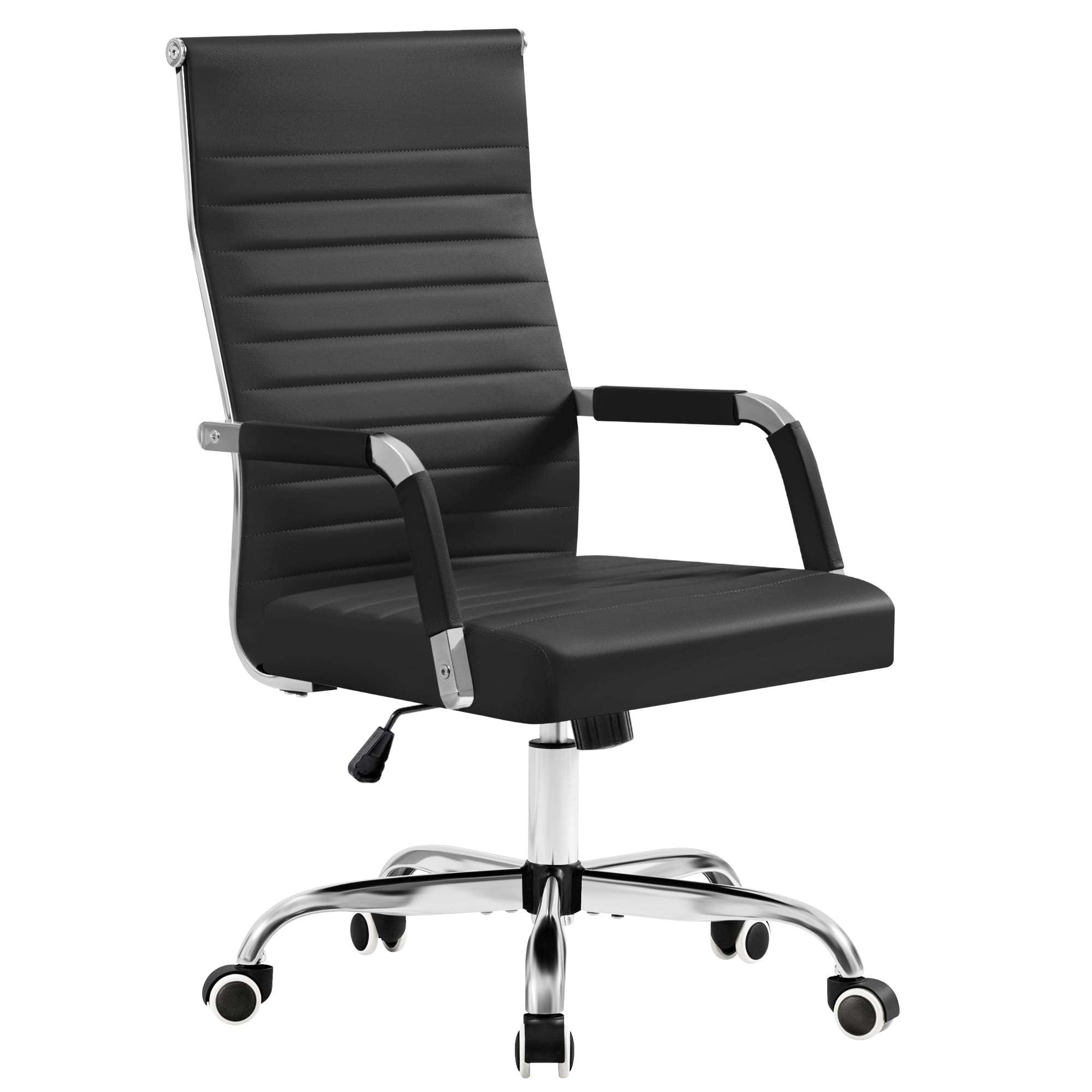 Furmax Ergonomic Office Desk Chair, Executive Ribbed Mid-Back PU Leather Conference Room Chair Adjustable Swivel Chair with Arms (1, Black)