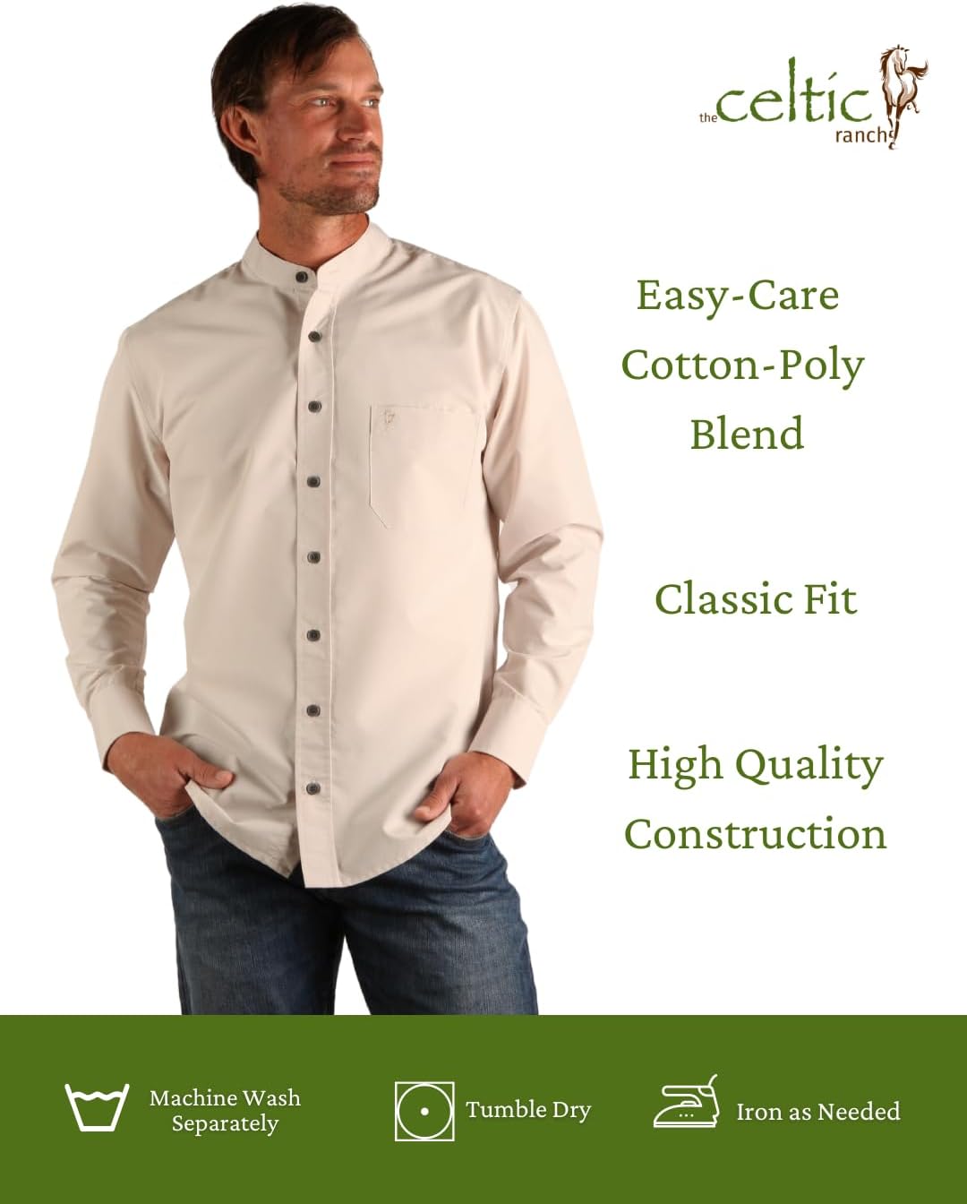Traditional Irish Grandfather Shirt, Men's Casual Long Sleeve Button Down Poplin Style Dress Shirt with Band Collar - Image 3