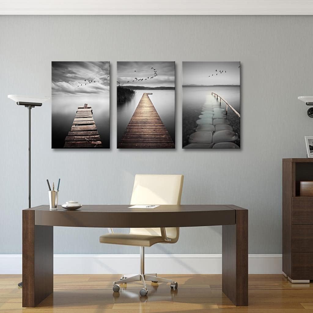 Black and White Landscape Painting 3 Piece Modern Bridge Artwork Bird Fly Over Lake Canvas Wall Art Decor