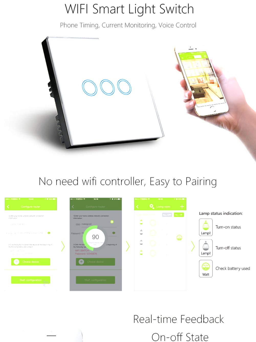 Interruptor inteligente WiFi estándar de Reino Unido, 4 interruptores, control de voz, interruptor de pared WiFi, panel de cristal de 1000 W, 220 V, blanco