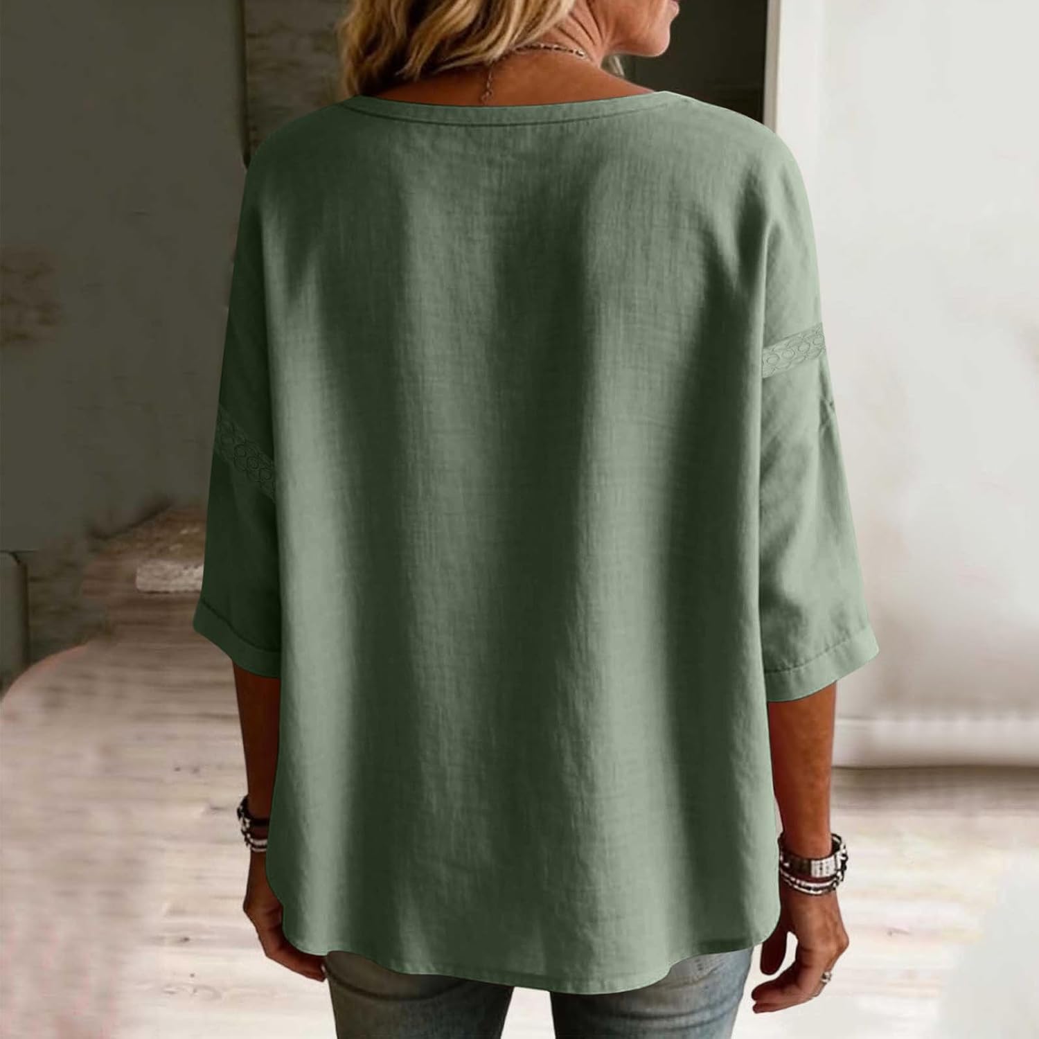 Embroidered Linen Blouse for Women 3/4 Sleeve Button Front Loose Shirt Breathable Summer Cute Vacation Tunic Tops
