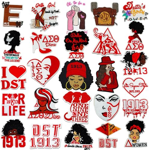ORN8VES 26PCS Delta Sigma Theta Sorority Iron On Patches DST Sorority Gifts for Women Embroidered Sew-On Patches Set for Hats, Bags, Shirts, Jeans, Clothes, Backpacks|Sorority Paraphernalia