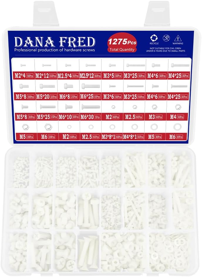 1275pcs White Nylon Flat Pan Round Head Machine Screw M2 M2.5 M3 M4 M5 M6 Metric Threaded Phillips Cross Recessed Plastic Bolt Nut Washer Assortment Kit Set M2-M6 for Insulate or Fasten PCB Board