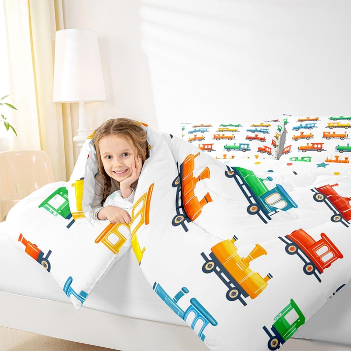 Feelyou Steam Trains Comforter Set All Season Cartoon Trains Bedding Set with 2 Pillow Cases Locomotives Rail Kids Queen Bedclothes Transport Bedroom Decor Duvet Quilt Breathable Soft Lightweight