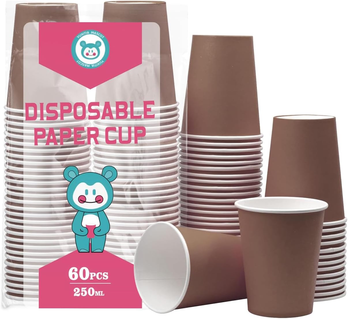 Brown Disposable Paper Cups,60pcs Paper Cups For DIY Wedding Christmas Party Picnic BBQ Travel and Event 8OZ (Brown)