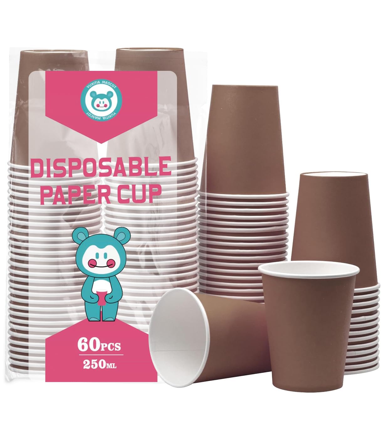 Yuxitia Brown Disposable Paper Cups, 60pcs Brown Paper Cups For DIY Wedding Party Picnic BBQ Travel and Event 8OZ