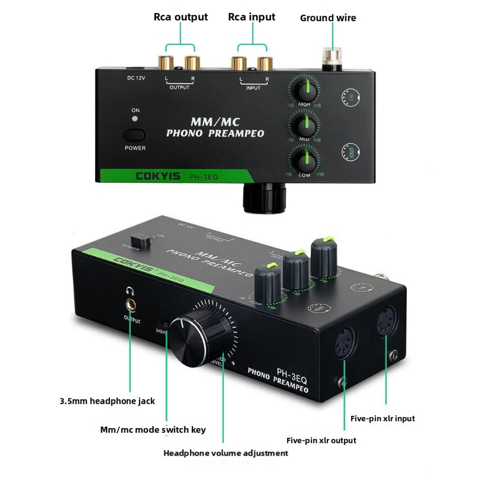 ASHATA Przedwzmacniacz Audio Stereo dla Wkładek Mm MC, Wzmacniacz Słuchawkowy z 3-pasmowym Korektorem, Obsługuje Wyjście Słuchawkowe 3,5 Mm, 5-pinowe Wyjście Wejściowe XLR, Niski (wtyczka UE)
