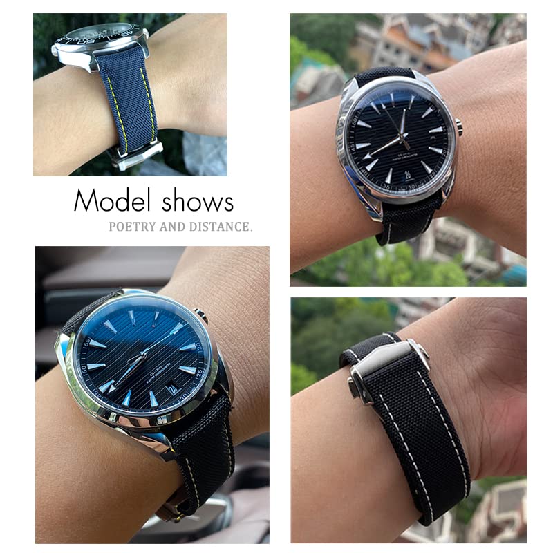 Bracelet nylon incurvé pour Omega Seamaster look sport bleu et jaune