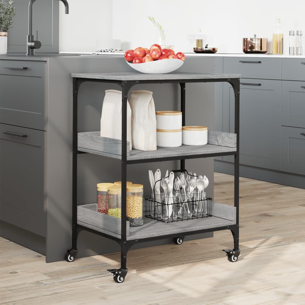 Carro de cocina gris Sonoma 60 x 41 x 80,5 cm de material de madera con marco de acero y 4 ruedas, 2 con bloqueo, carrito de servicio para almacenamiento adicional en la cocina y el salón,