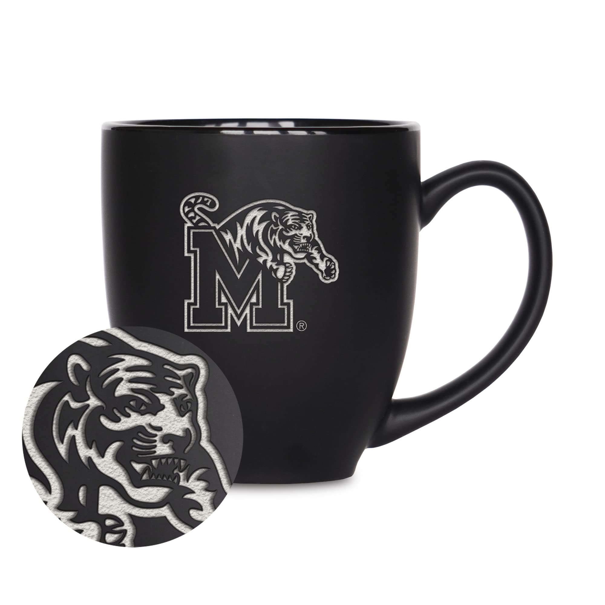 Rico Industries NCAA Memphis Tigers Main - Taza bistró negra mate de 473 ml, para bebidas calientes o frías, logotipo del equipo grabado para una sensación única