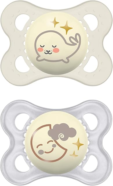 MAM Night Glow in The Dark Silicone Pacifier, Green/White, 0-6 Months, 2-Count