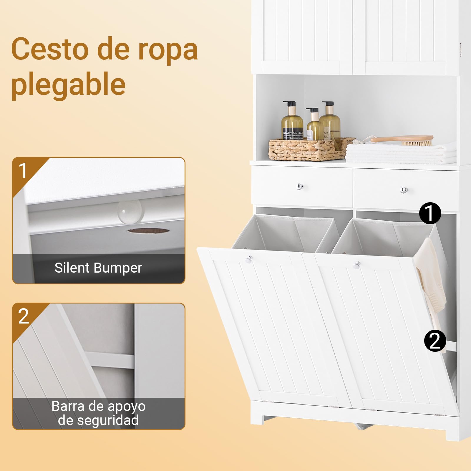 SoBuy Mueble Baño Estrecho Armario Alto Almacenaje 78x38x181cm para Aseo | Con 2 Cestos para Ropa y 2 Cajones Mueble Auxiliar con Estante Abierto BZR215-W